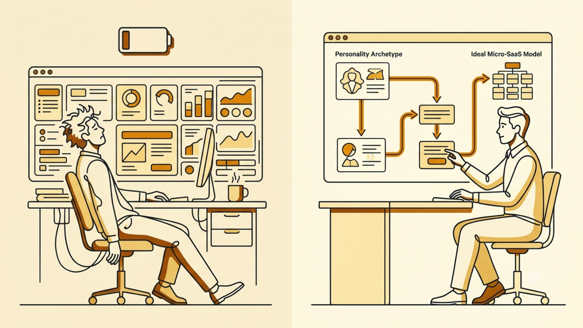 Visual representation of matching a solo founder's personality archetype to their ideal business model with marketFit.me