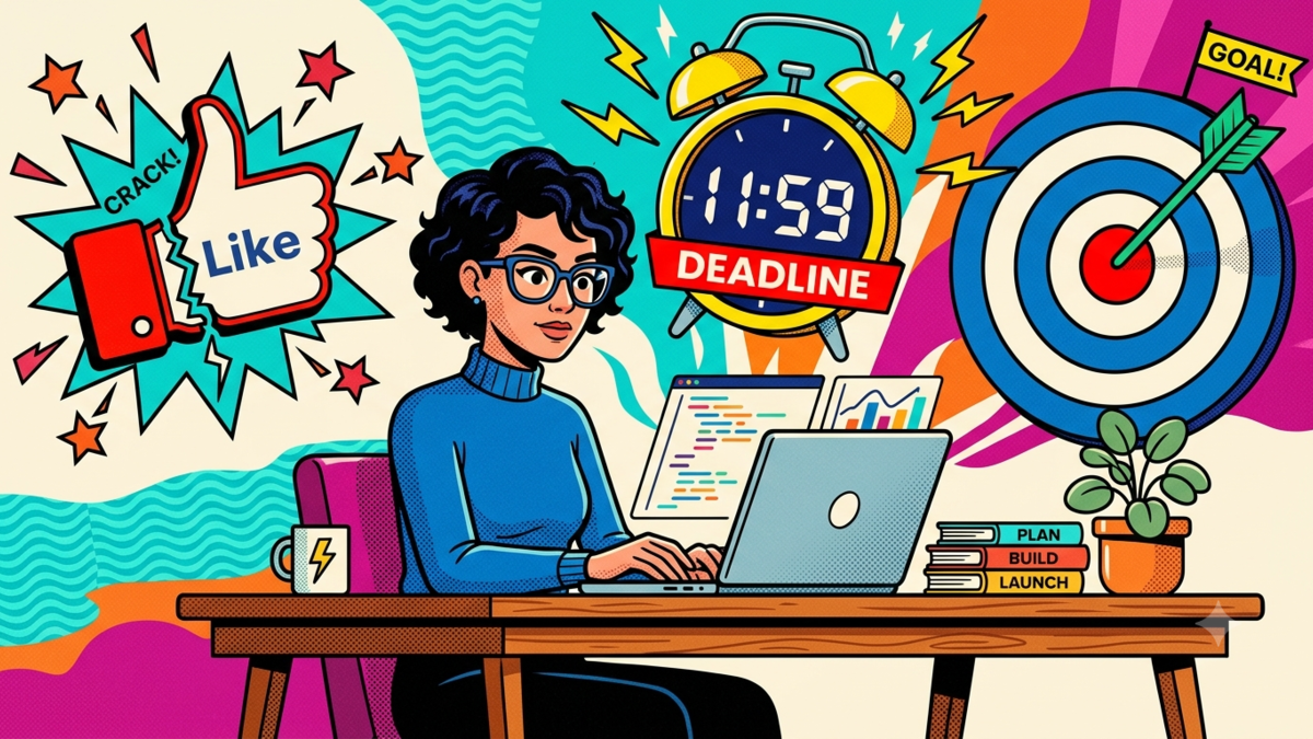 Illustration of a solo founder managing time, avoiding social media comparison, and focusing on business targets.