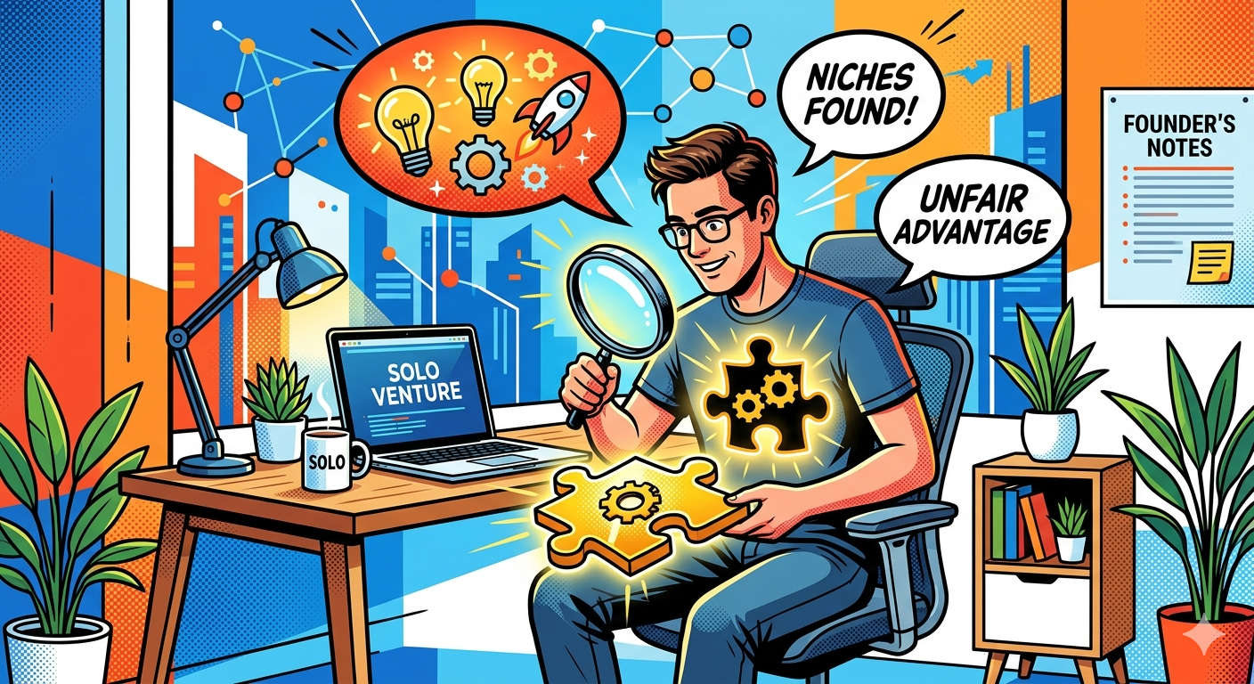 A illustration of a solopreneur discovering their hidden talent puzzle piece to achieve founder-market fit.