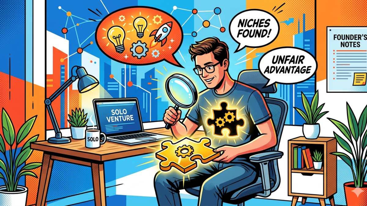 A illustration of a solopreneur discovering their hidden talent puzzle piece to achieve founder-market fit.