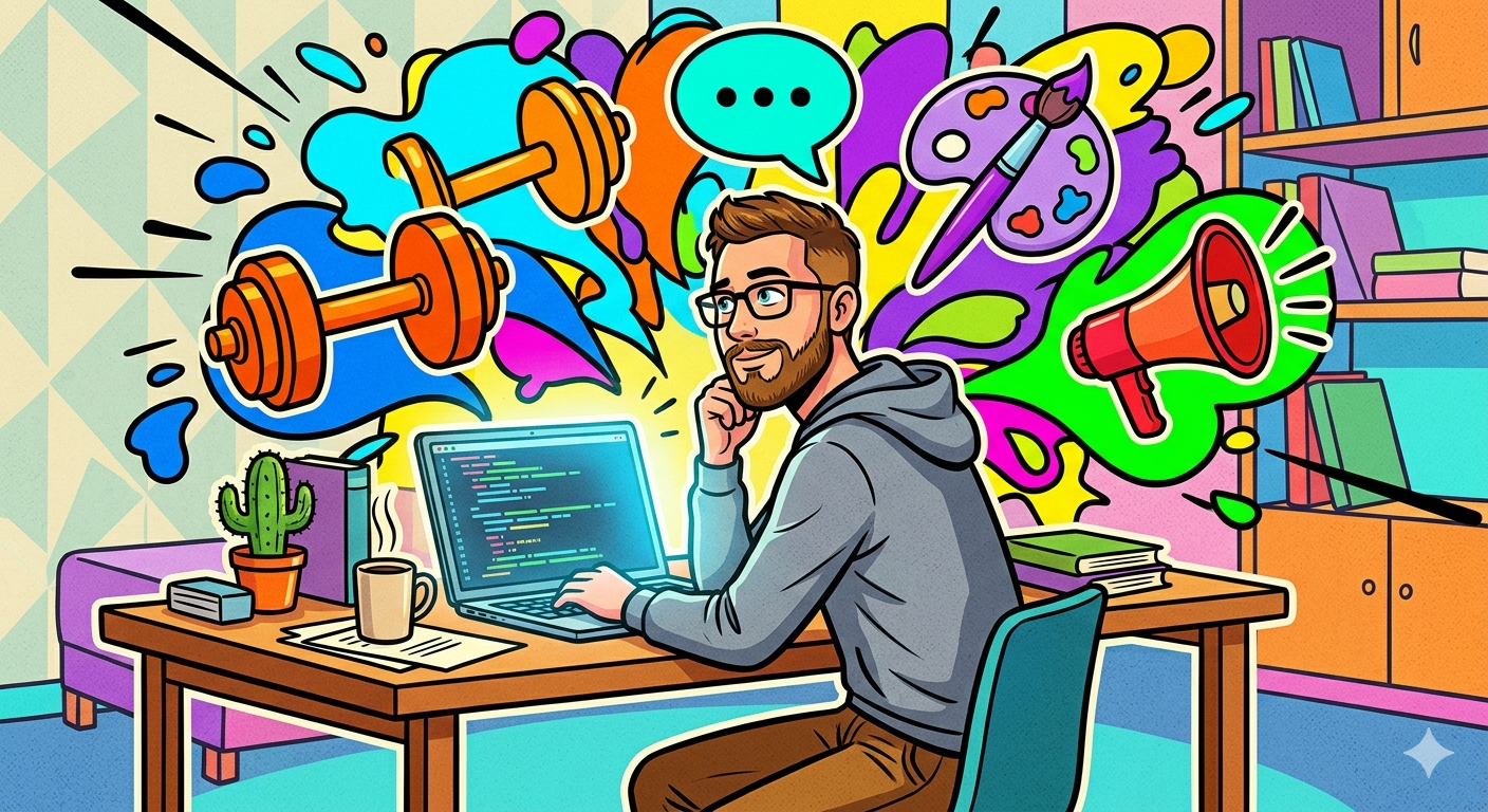 A solo founder at a laptop looking away thoughtfully, surrounded by abstract colorful icons representing fitness, socializing, creativity, and marketing to overcome business boredom.