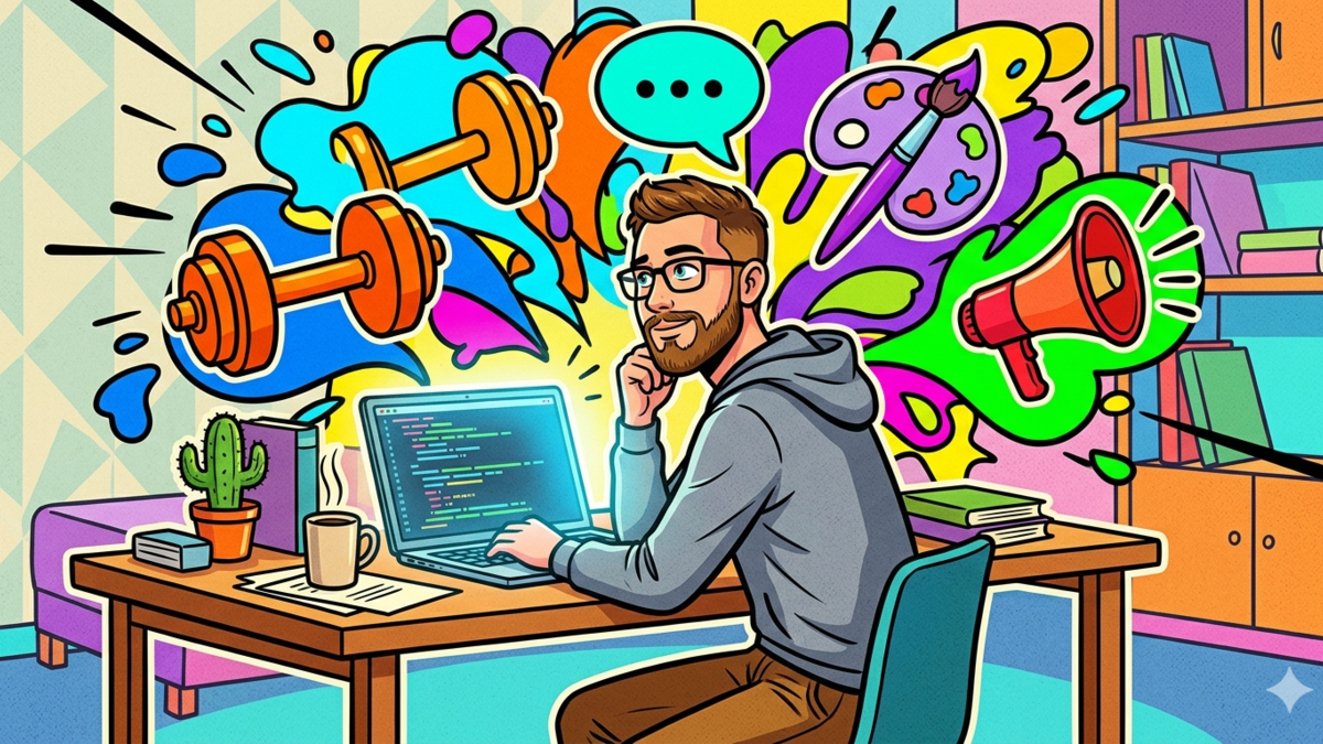 A solo founder at a laptop looking away thoughtfully, surrounded by abstract colorful icons representing fitness, socializing, creativity, and marketing to overcome business boredom.