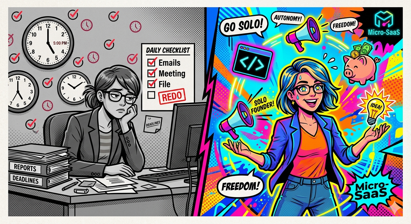 Illustration showing the mental transformation from a rigid corporate employee to a multi-skilled, dynamic solopreneur juggling marketing, coding, and finance.