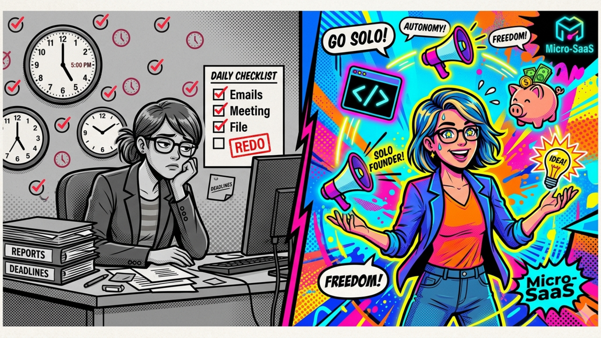 Illustration showing the mental transformation from a rigid corporate employee to a multi-skilled, dynamic solopreneur juggling marketing, coding, and finance.