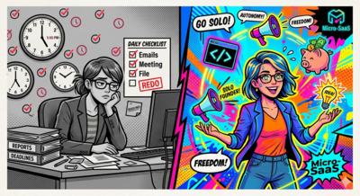 Illustration showing the mental transformation from a rigid corporate employee to a multi-skilled, dynamic solopreneur juggling marketing, coding, and finance.
