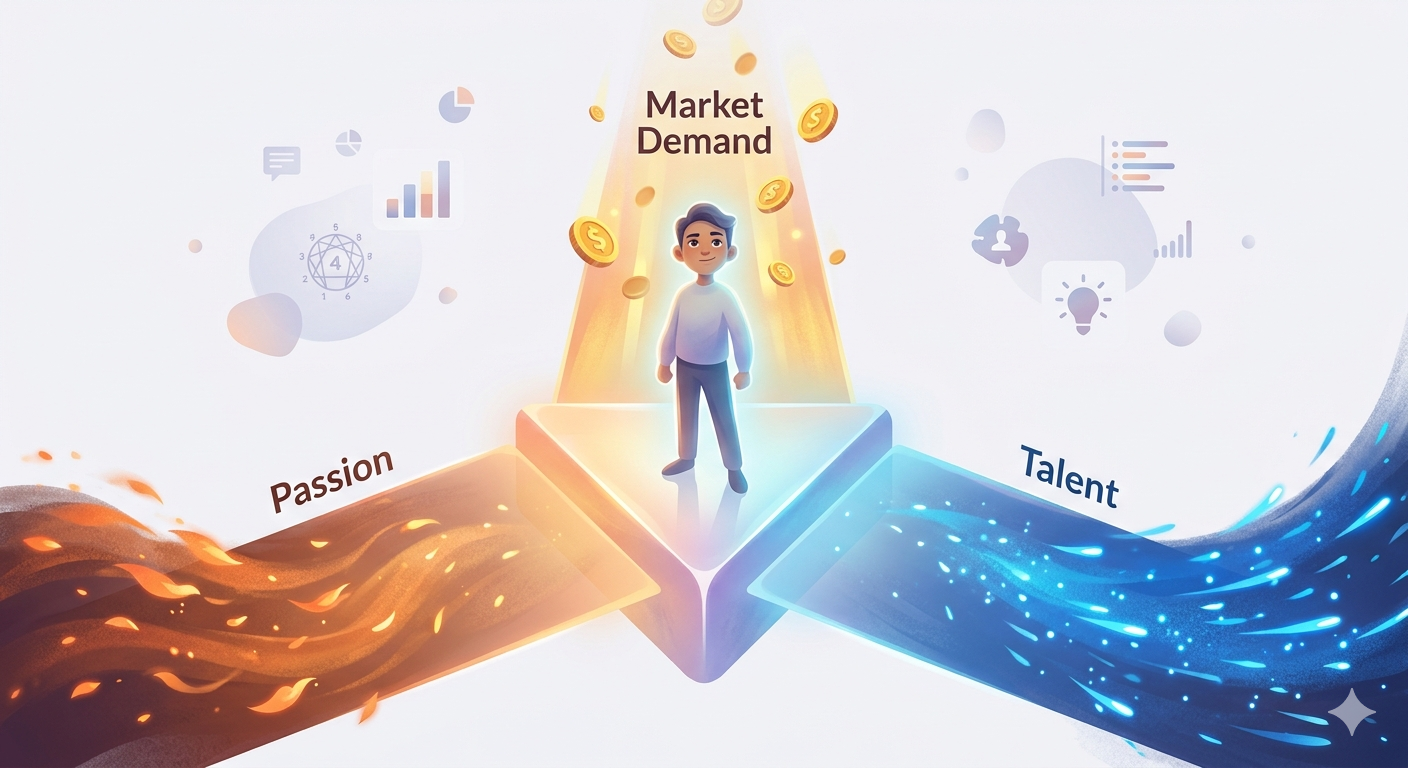 An ethereal cartoon illustration of a solo entrepreneur finding the intersection of passion, talent, and market demand, styled with soft glowing colors and abstract geometric shapes.