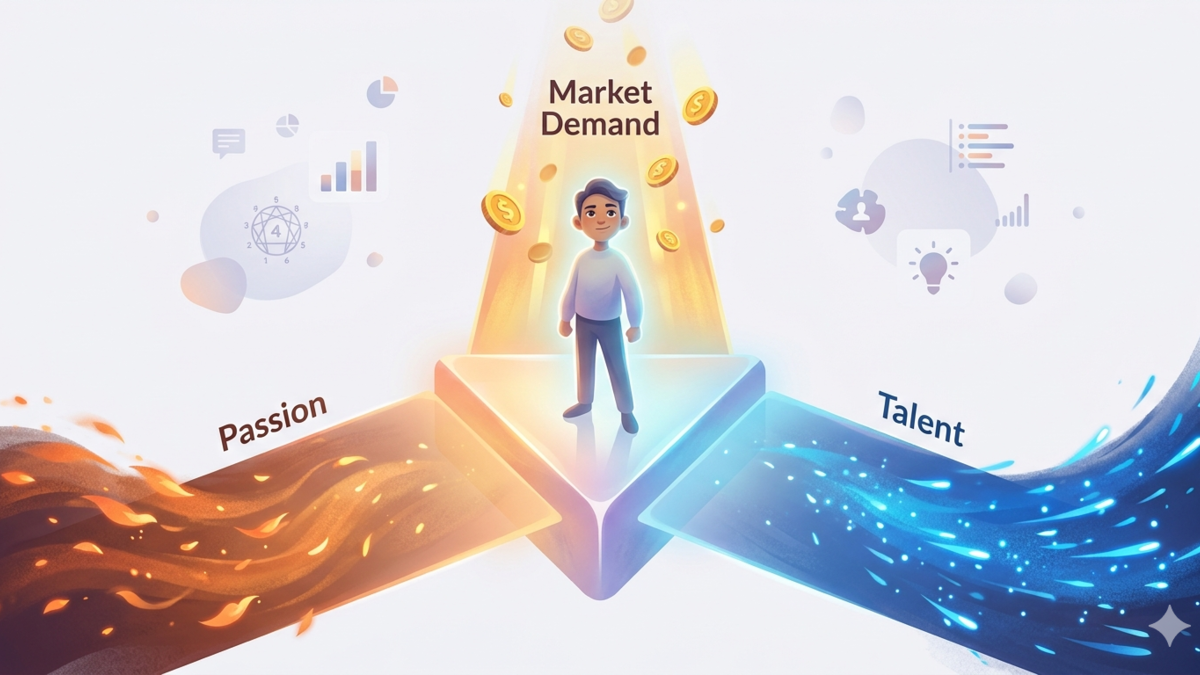An ethereal cartoon illustration of a solo entrepreneur finding the intersection of passion, talent, and market demand, styled with soft glowing colors and abstract geometric shapes.