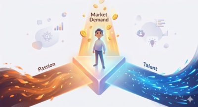 An ethereal cartoon illustration of a solo entrepreneur finding the intersection of passion, talent, and market demand, styled with soft glowing colors and abstract geometric shapes.
