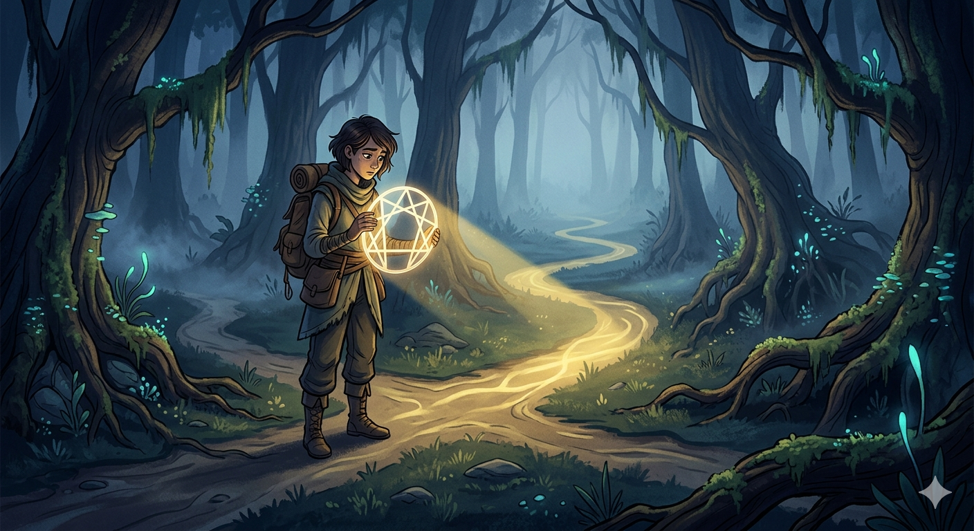A solo founder holding a glowing psychological Enneagram compass to find their unique business path in a stylized, atmospheric forest.