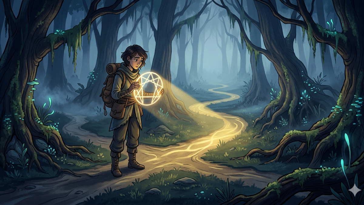 A solo founder holding a glowing psychological Enneagram compass to find their unique business path in a stylized, atmospheric forest.