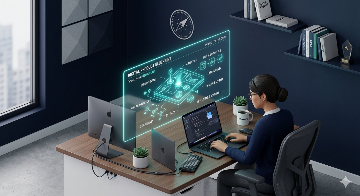 Minimalist illustration of a professional solopreneur analyzing a digital product blueprint, representing the organized and principled approach of an Enneagram Type 1 founder.