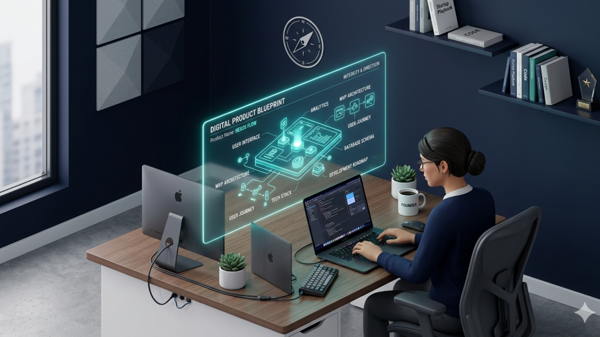 Minimalist illustration of a professional solopreneur analyzing a digital product blueprint, representing the organized and principled approach of an Enneagram Type 1 founder.