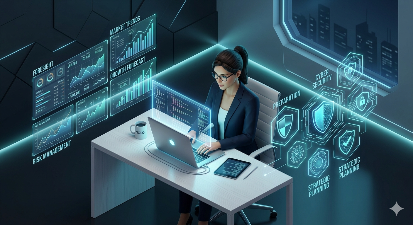 A female tech founder analyzing holographic data charts, symbolizing the strategic foresight and risk management strengths of an Enneagram Type 6 solopreneur.
