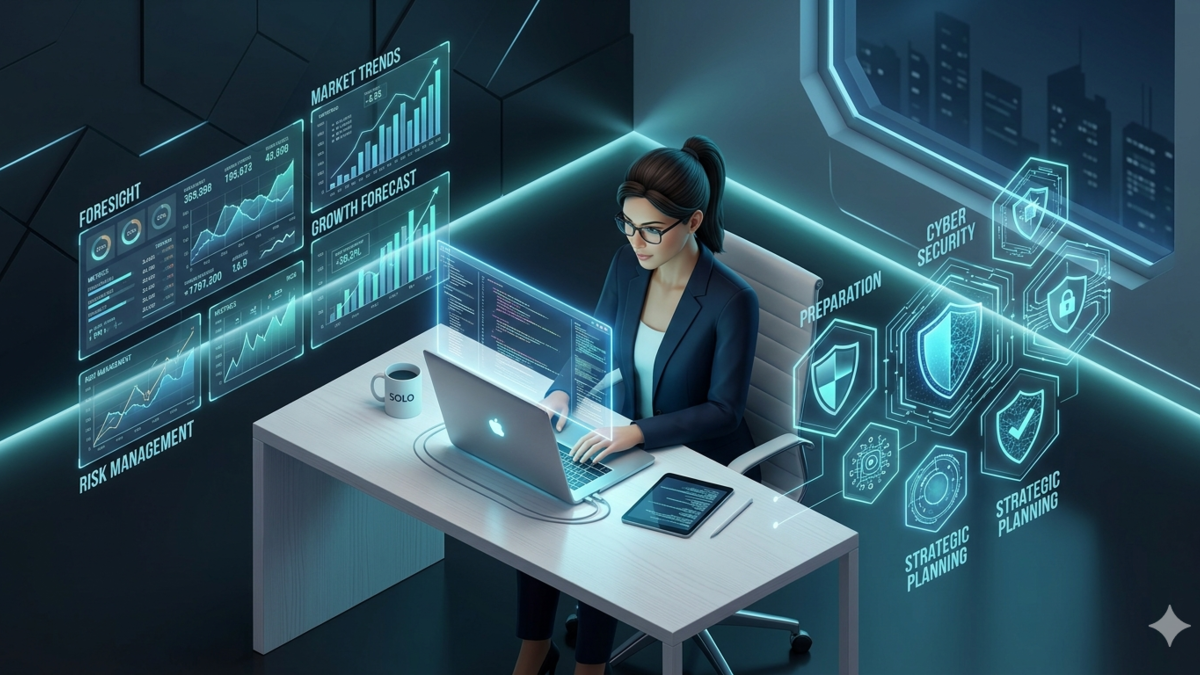 A female tech founder analyzing holographic data charts, symbolizing the strategic foresight and risk management strengths of an Enneagram Type 6 solopreneur.