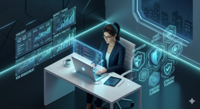 A female tech founder analyzing holographic data charts, symbolizing the strategic foresight and risk management strengths of an Enneagram Type 6 solopreneur.