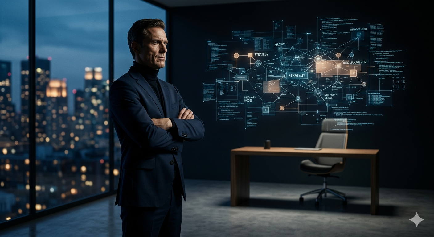 A determined Enneagram Type 8 solo founder looking out over a city, symbolizing the Protector personality type building a business blueprint and taking command of their market niche.