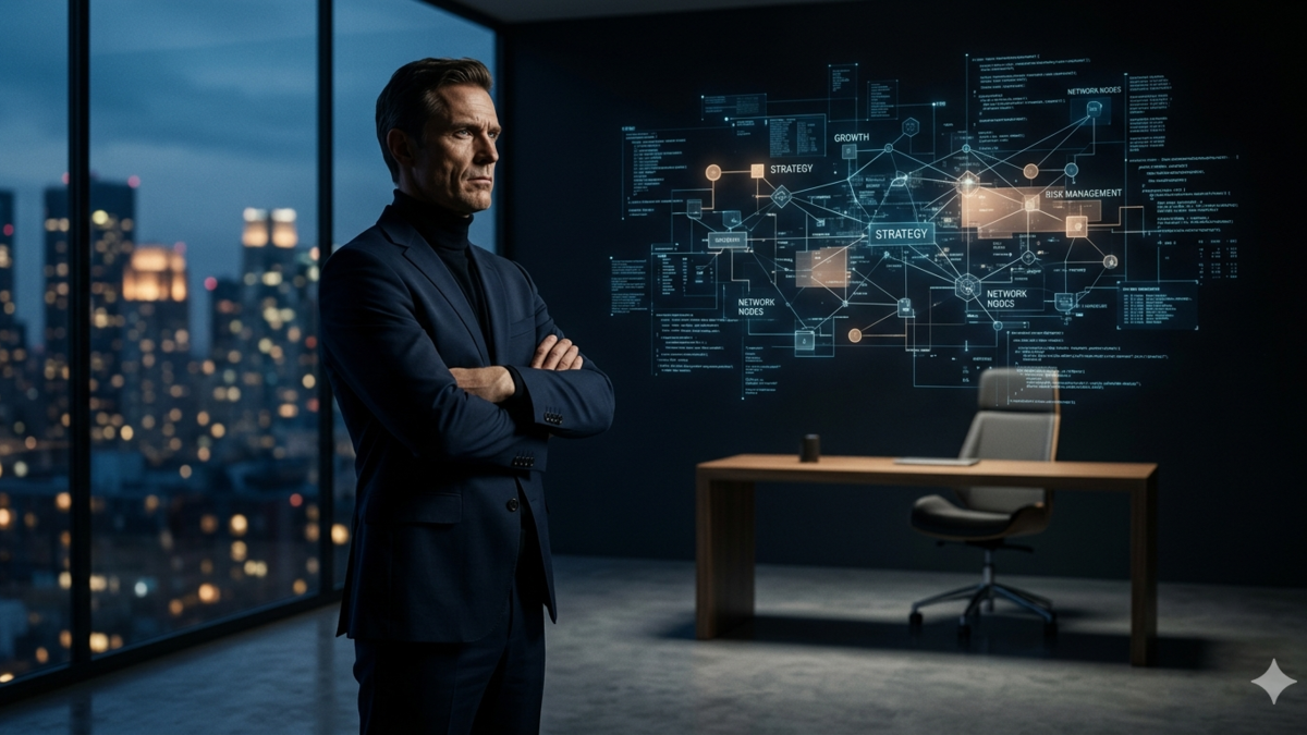 A determined Enneagram Type 8 solo founder looking out over a city, symbolizing the Protector personality type building a business blueprint and taking command of their market niche.