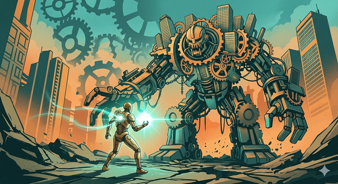 An illustration representing the solopreneur vs enterprise battle, showing a small agile figure outmaneuvering a massive corporate giant.