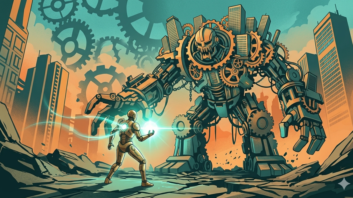 An illustration representing the solopreneur vs enterprise battle, showing a small agile figure outmaneuvering a massive corporate giant.