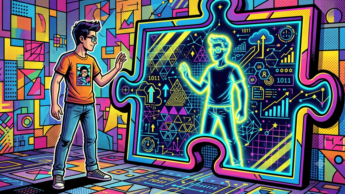 Illustration representing founder-market fit, showing a solo founder aligning perfectly with their business blueprint.