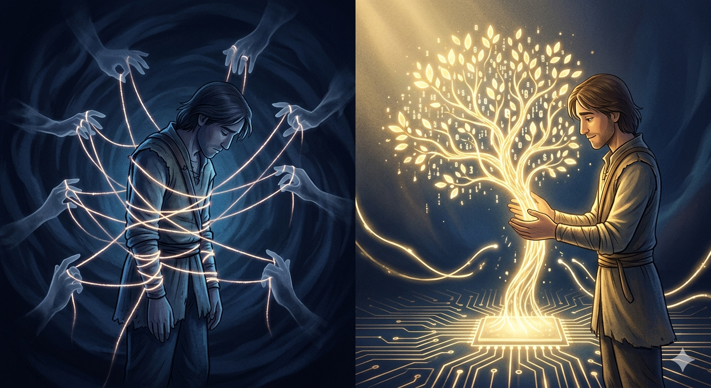 An atmospheric illustration showing the transition from a tethered freelancer to a liberated solopreneur growing their own glowing digital product.