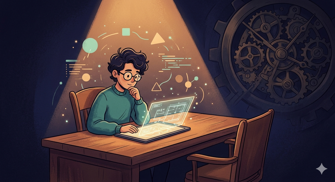 An illustration of a solo founder planning a business blueprint with abstract digital data floating around a warm workspace.