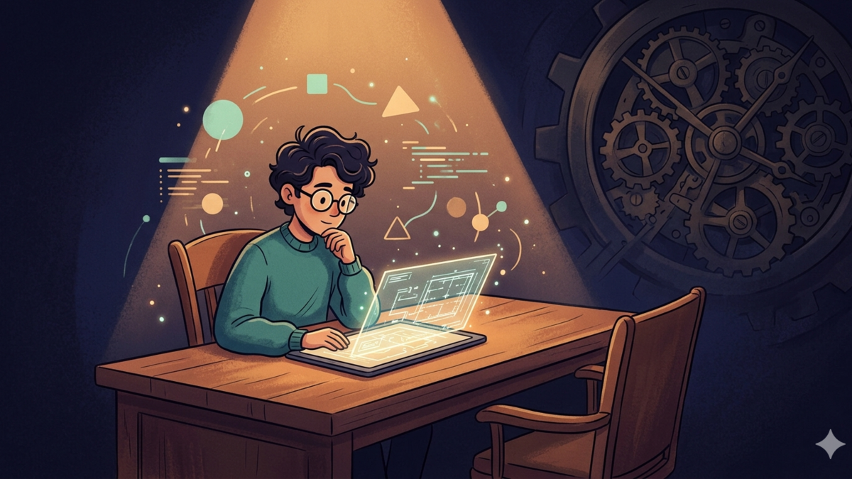 An illustration of a solo founder planning a business blueprint with abstract digital data floating around a warm workspace.
