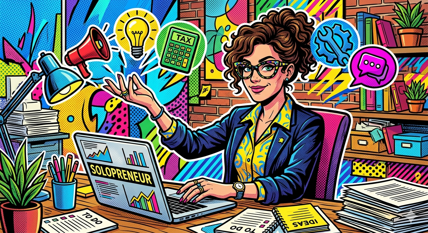 Illustration of a solo founder confidently multitasking and managing complex business chores at a laptop.