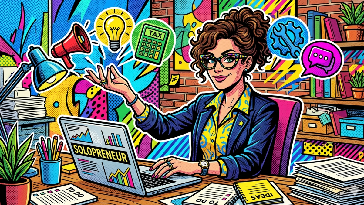 Illustration of a solo founder confidently multitasking and managing complex business chores at a laptop.