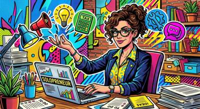 Illustration of a solo founder confidently multitasking and managing complex business chores at a laptop.