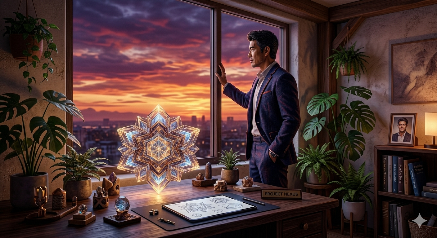 Artistic digital illustration of a solopreneur in a creative studio with a glowing crystal structure, representing the unique and meaning-driven business approach of an Enneagram Type 4 founder.