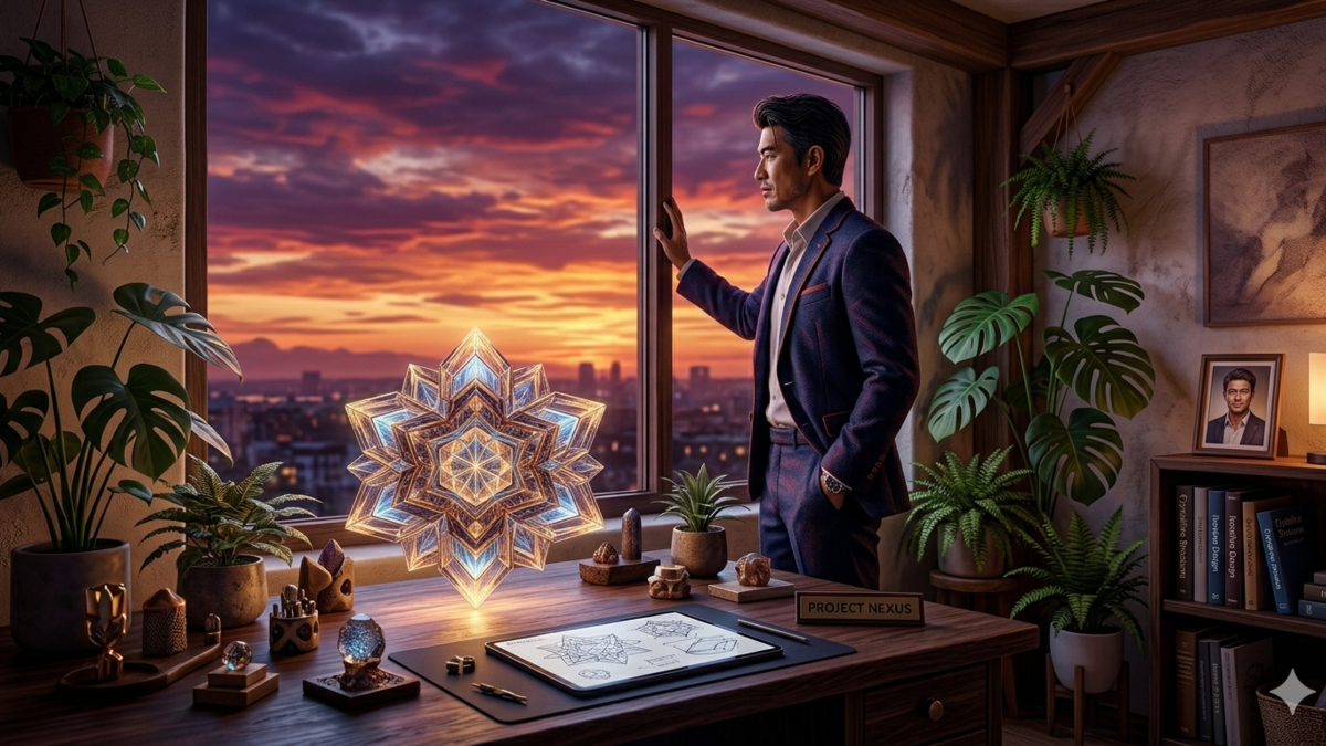Artistic digital illustration of a solopreneur in a creative studio with a glowing crystal structure, representing the unique and meaning-driven business approach of an Enneagram Type 4 founder.