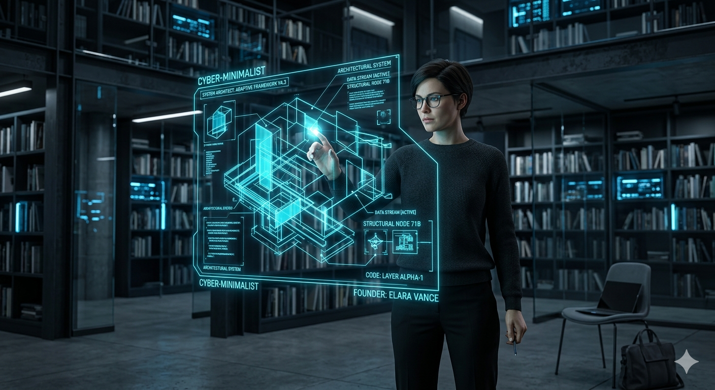 Cyber-minimalist illustration of a solopreneur analyzing a complex holographic data system, representing the analytical and first-principles approach of an Enneagram Type 5 founder.