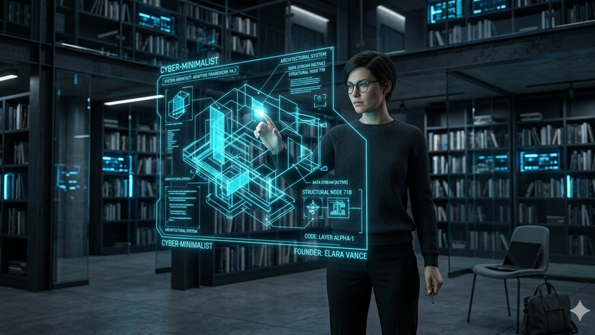Cyber-minimalist illustration of a solopreneur analyzing a complex holographic data system, representing the analytical and first-principles approach of an Enneagram Type 5 founder.