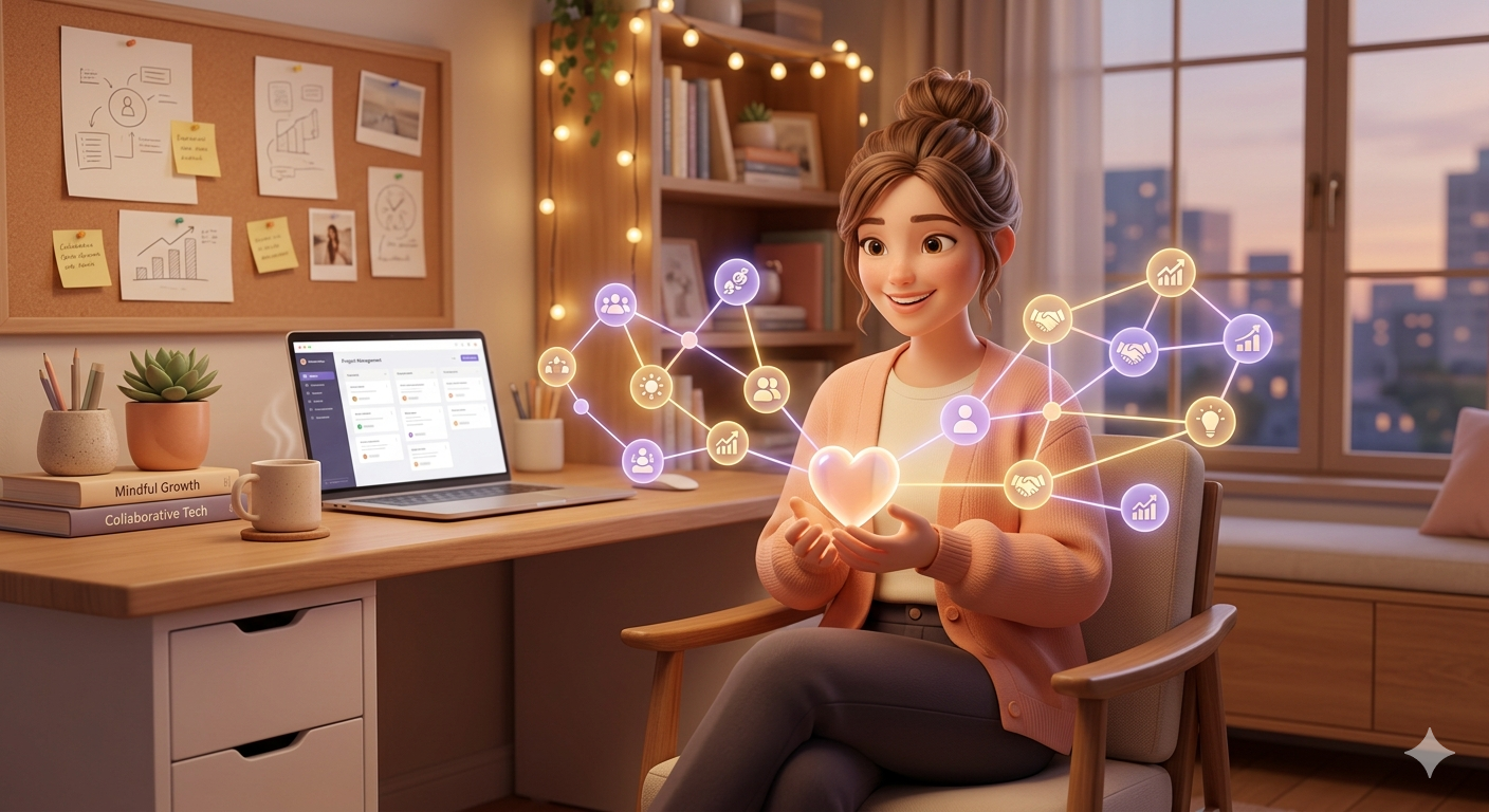 Warm digital illustration of a solopreneur connecting with a community network, symbolizing the empathetic and supportive business approach of an Enneagram Type 2 founder.