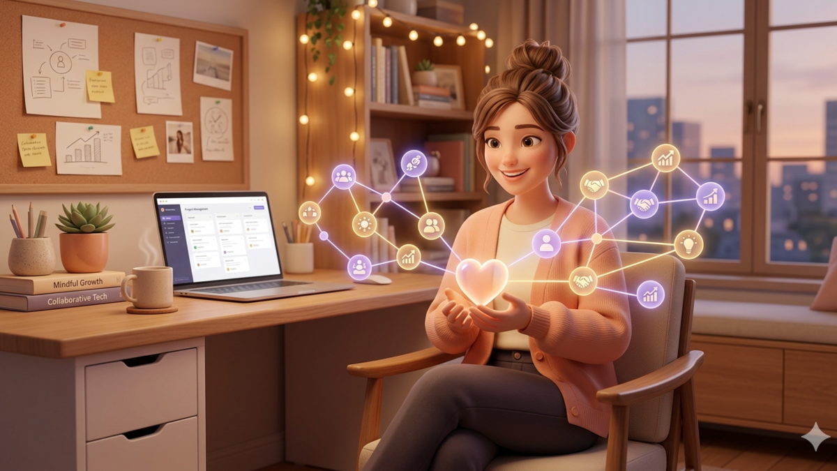 Warm digital illustration of a solopreneur connecting with a community network, symbolizing the empathetic and supportive business approach of an Enneagram Type 2 founder.
