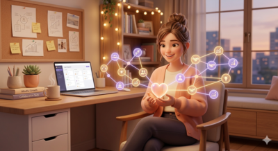 Warm digital illustration of a solopreneur connecting with a community network, symbolizing the empathetic and supportive business approach of an Enneagram Type 2 founder.