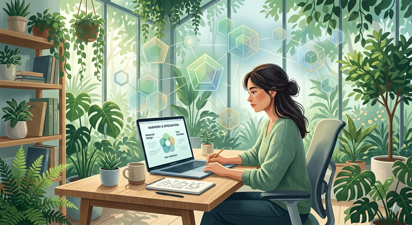 A calm Enneagram Type 9 solopreneur working in a peaceful, nature-integrated office, representing the harmonious and empathetic approach to building a micro-SaaS business.