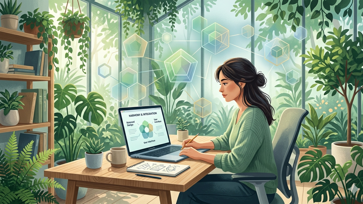 A calm Enneagram Type 9 solopreneur working in a peaceful, nature-integrated office, representing the harmonious and empathetic approach to building a micro-SaaS business.