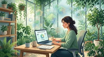 A calm Enneagram Type 9 solopreneur working in a peaceful, nature-integrated office, representing the harmonious and empathetic approach to building a micro-SaaS business.