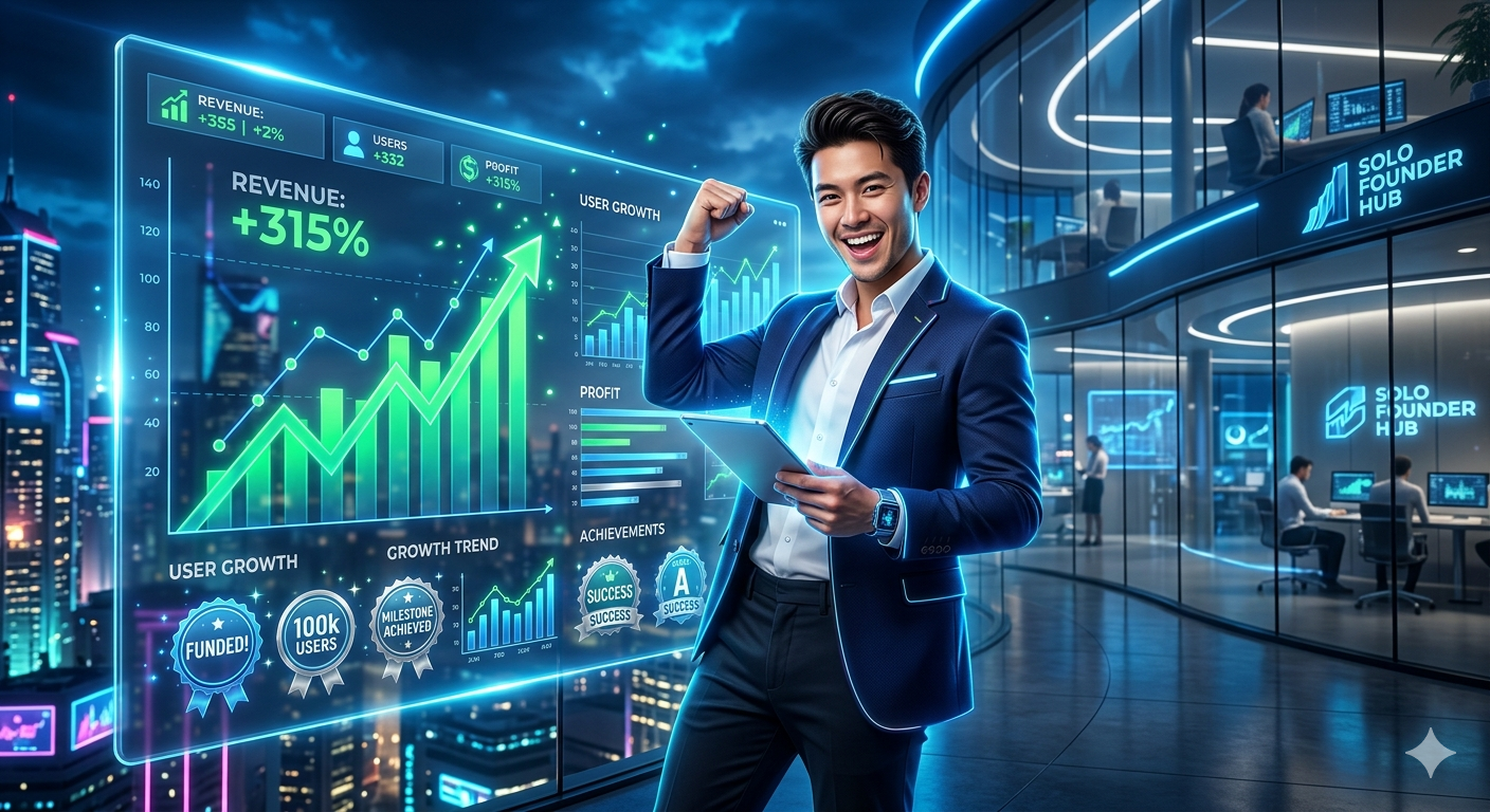 Dynamic digital illustration of a solopreneur viewing a high-growth performance dashboard, representing the ambitious and results-driven nature of an Enneagram Type 3 founder.