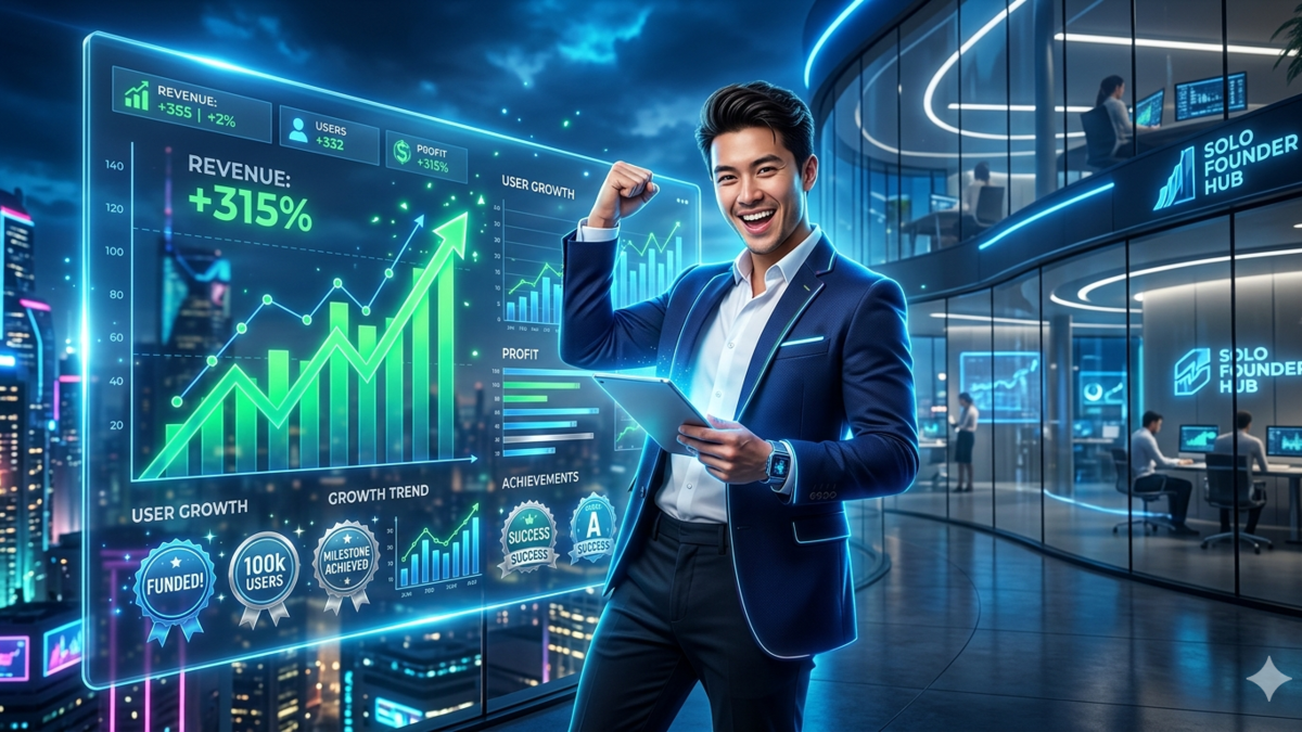 Dynamic digital illustration of a solopreneur viewing a high-growth performance dashboard, representing the ambitious and results-driven nature of an Enneagram Type 3 founder.
