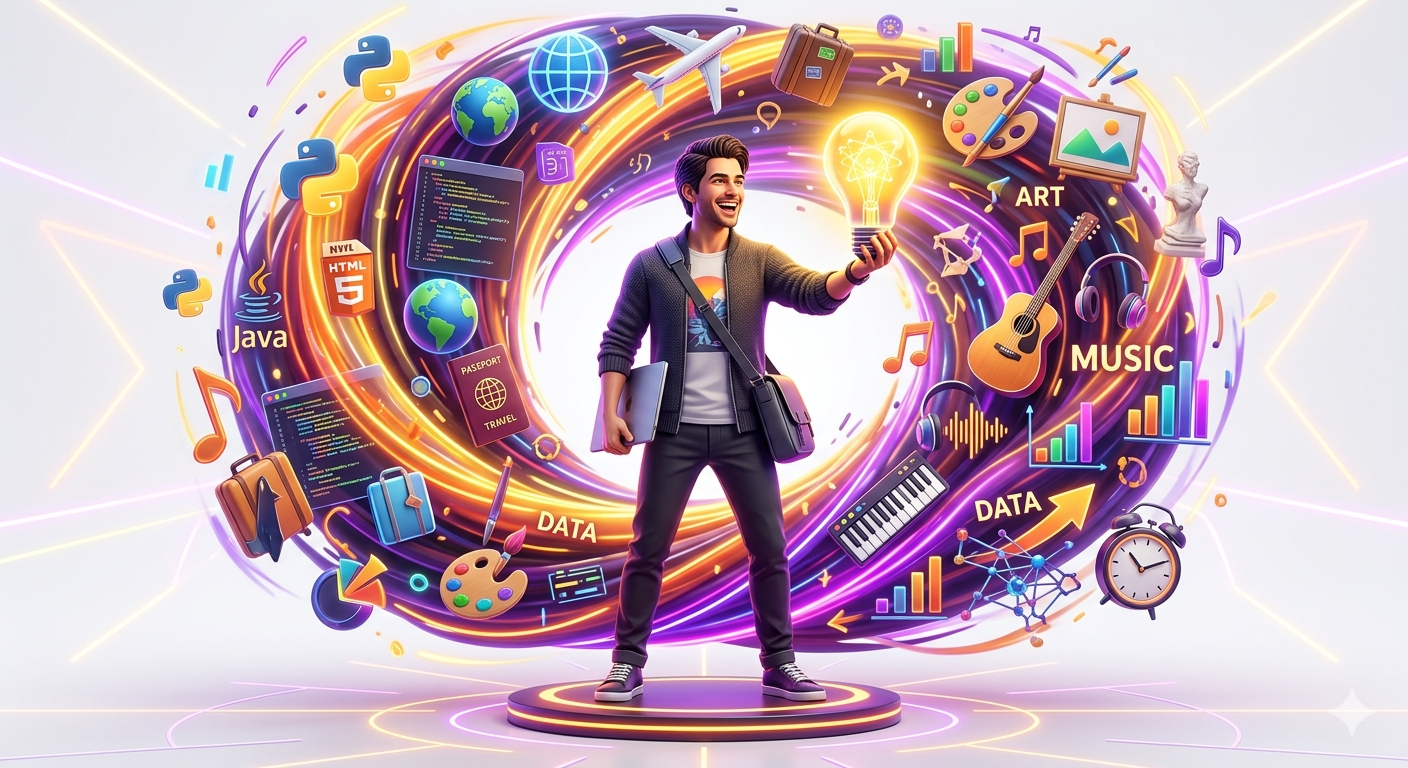 A dynamic illustration of an Enneagram Type 7 founder synthesizing multiple creative ideas into a single business vision, representing the 'Idea Machine' personality.