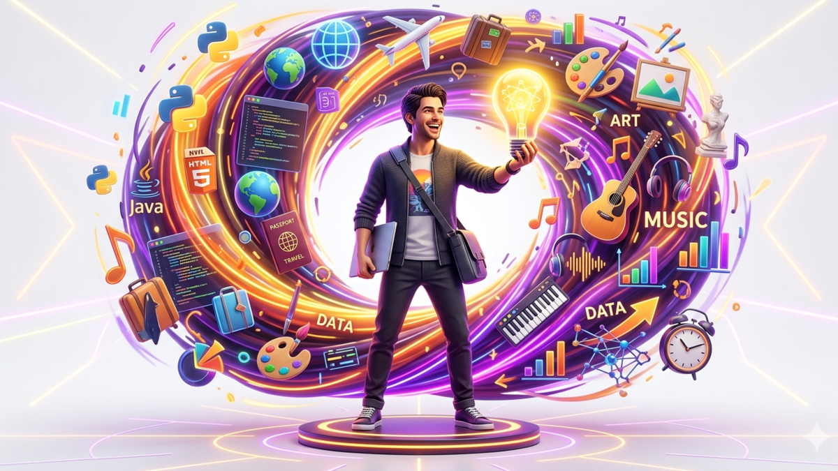A dynamic illustration of an Enneagram Type 7 founder synthesizing multiple creative ideas into a single business vision, representing the 'Idea Machine' personality.