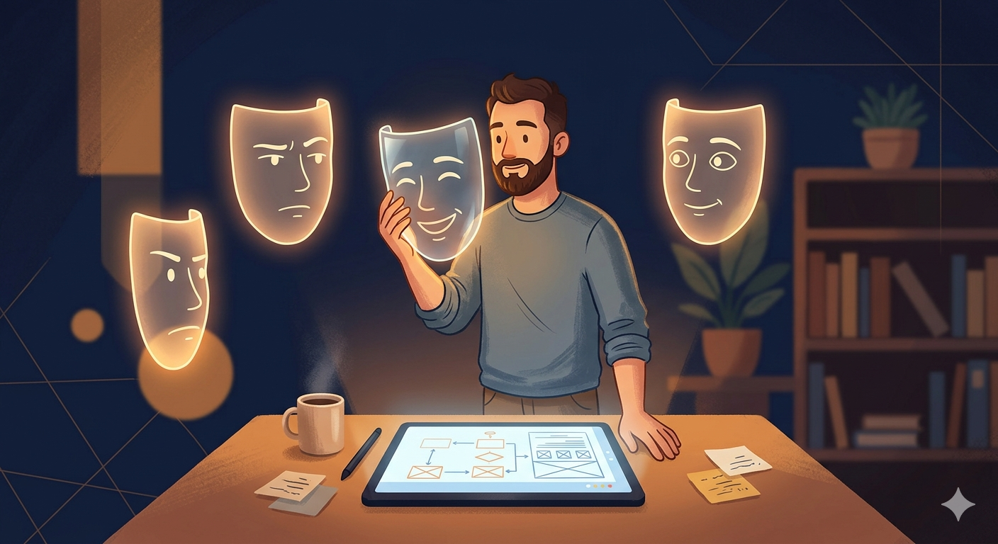 A solo software creator holding up different character masks to analyze their digital project from multiple viewpoints.