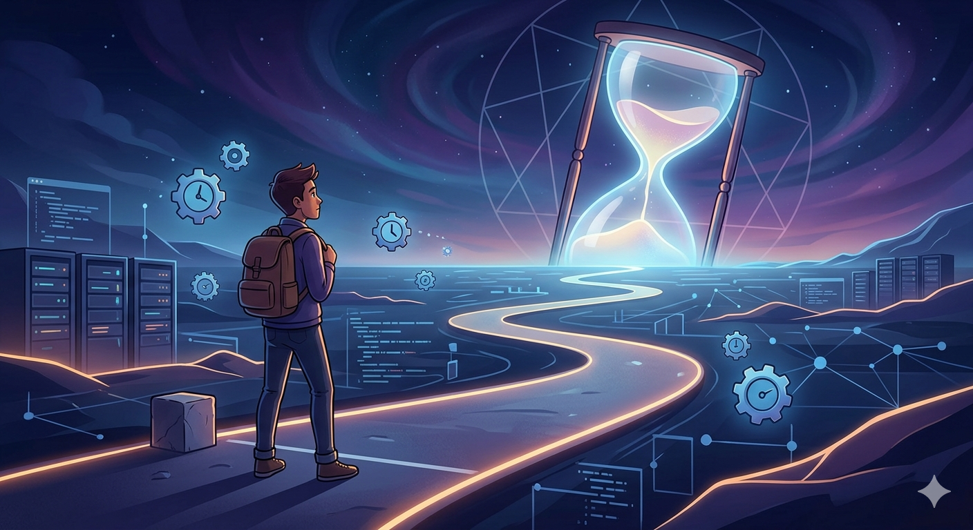 A cartoon illustration of a solo founder looking down a winding path with a glowing hourglass and Enneagram pattern in a night sky.