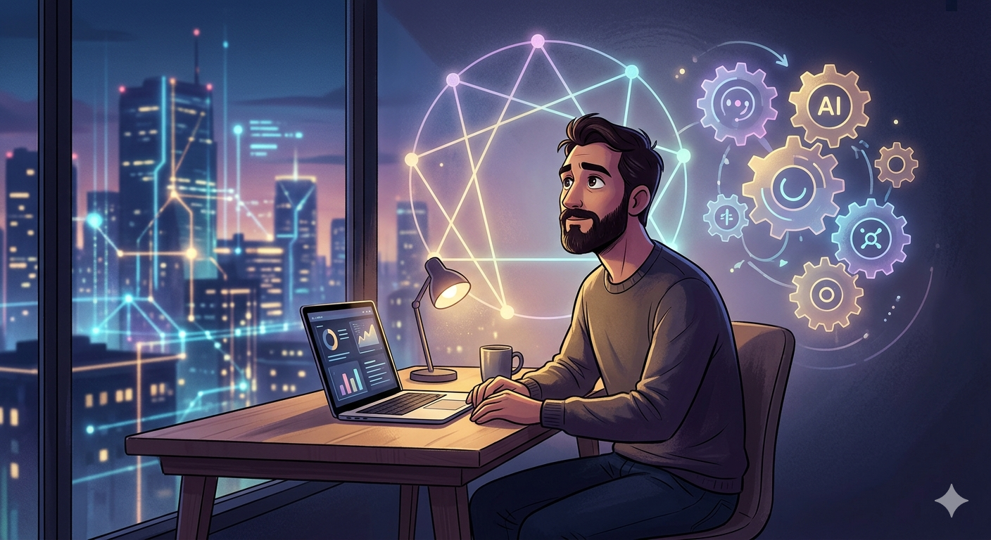 An introspective cartoon illustration of a solo founder working at a desk with glowing digital Enneagram symbols and AI elements in the background.