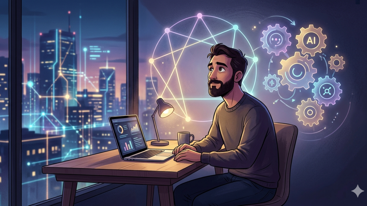 An introspective cartoon illustration of a solo founder working at a desk with glowing digital Enneagram symbols and AI elements in the background.