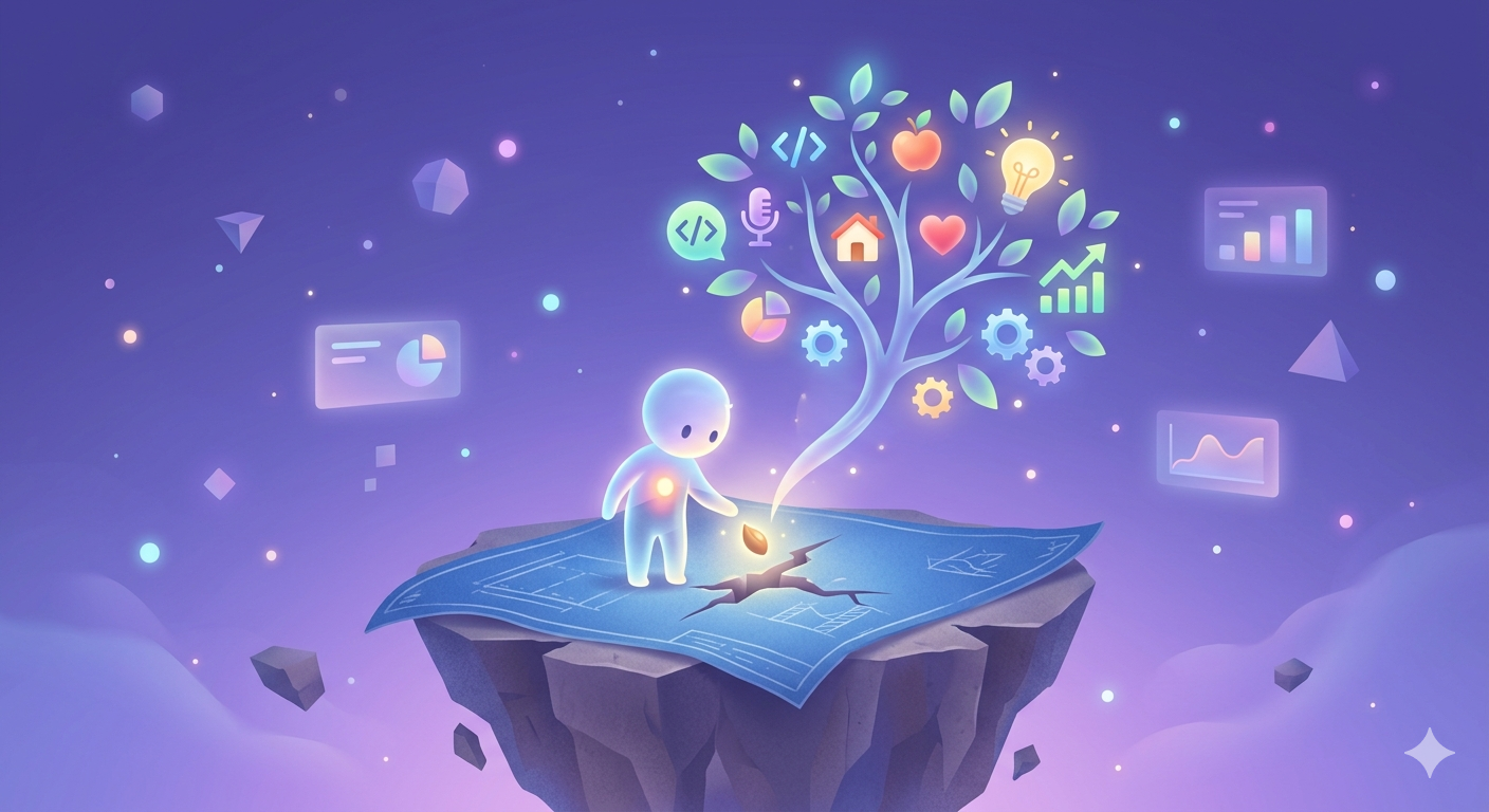 A soulful cartoon illustration of a glowing solo founder planting a seed on a blueprint island, symbolizing the growth of a personalized business in a calm, digital universe.