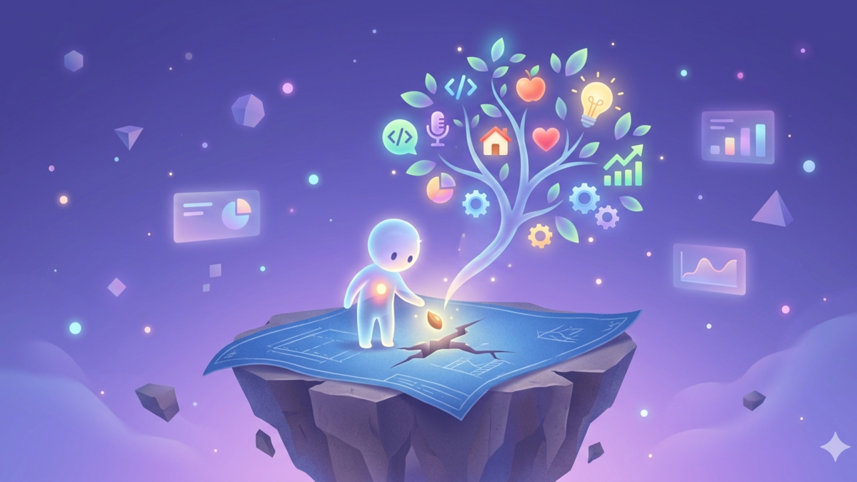 A soulful cartoon illustration of a glowing solo founder planting a seed on a blueprint island, symbolizing the growth of a personalized business in a calm, digital universe.